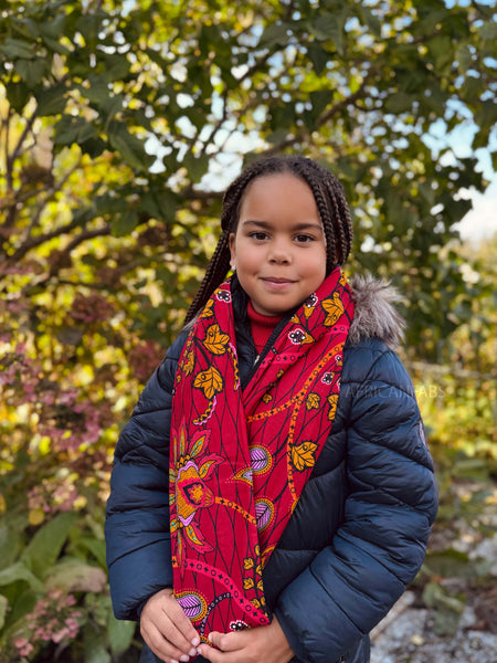 Warmer Rollkragenpullover Schal für Kinder mit afrikanischem Print Unisex - Dunkelrot & Gelb Botanical Flow