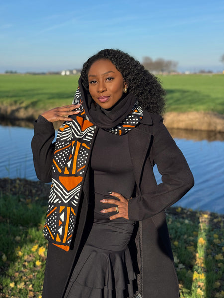 Afrikanischer Print Schal Unisex - Schmales Modell - Orange-Braun-Bogolan