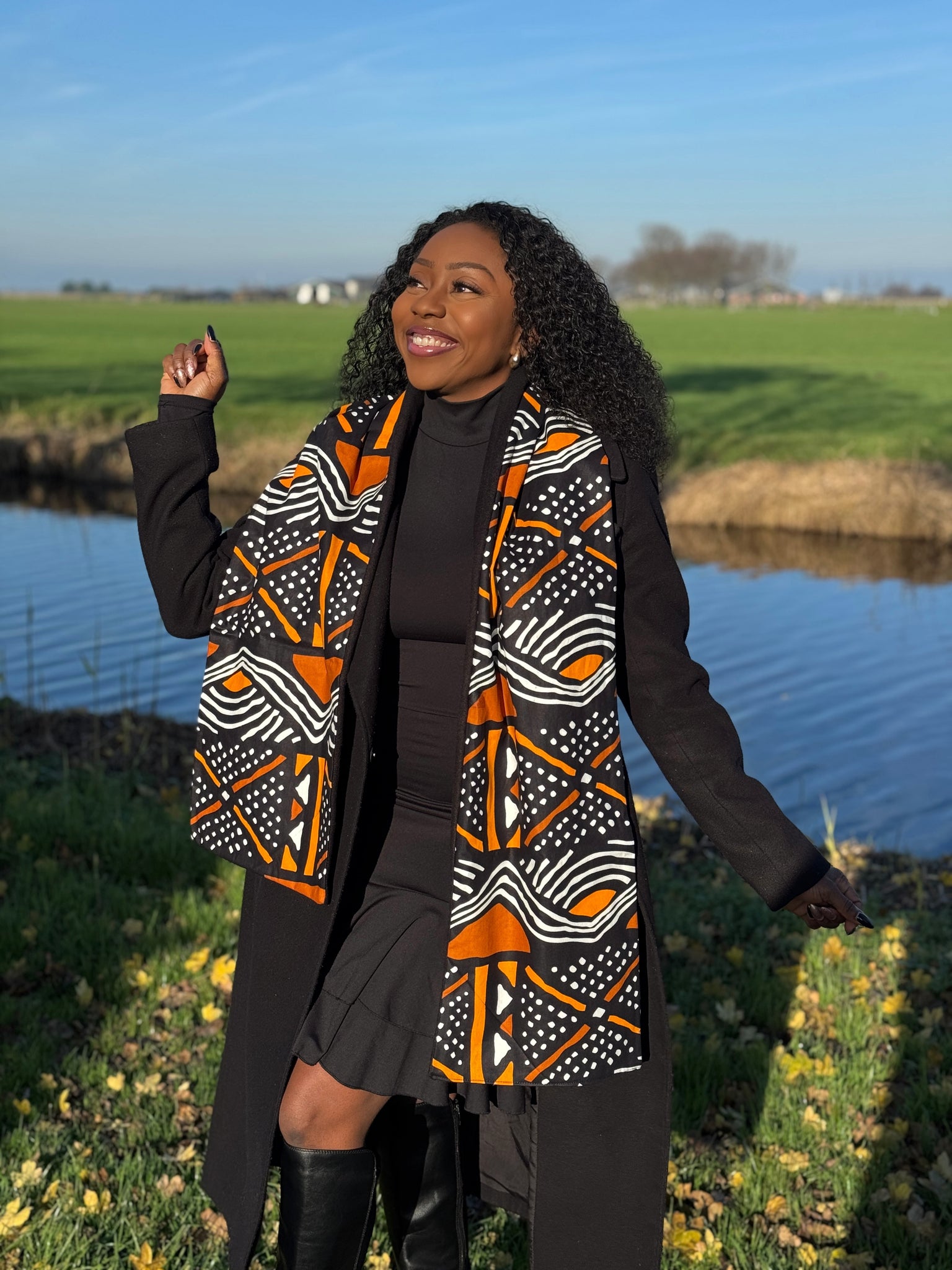 Afrikanischer Print Schal Unisex - Schmales Modell - Orange-Braun-Bogolan