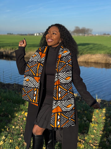Afrikanischer Print Schal Unisex - Schmales Modell - Orange-Braun-Bogolan