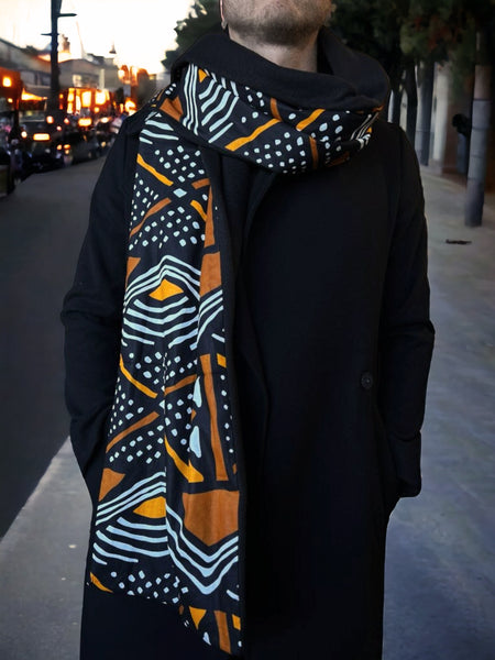 Afrikanischer Print Schal für Männer - Orange-Braun-Bogolan