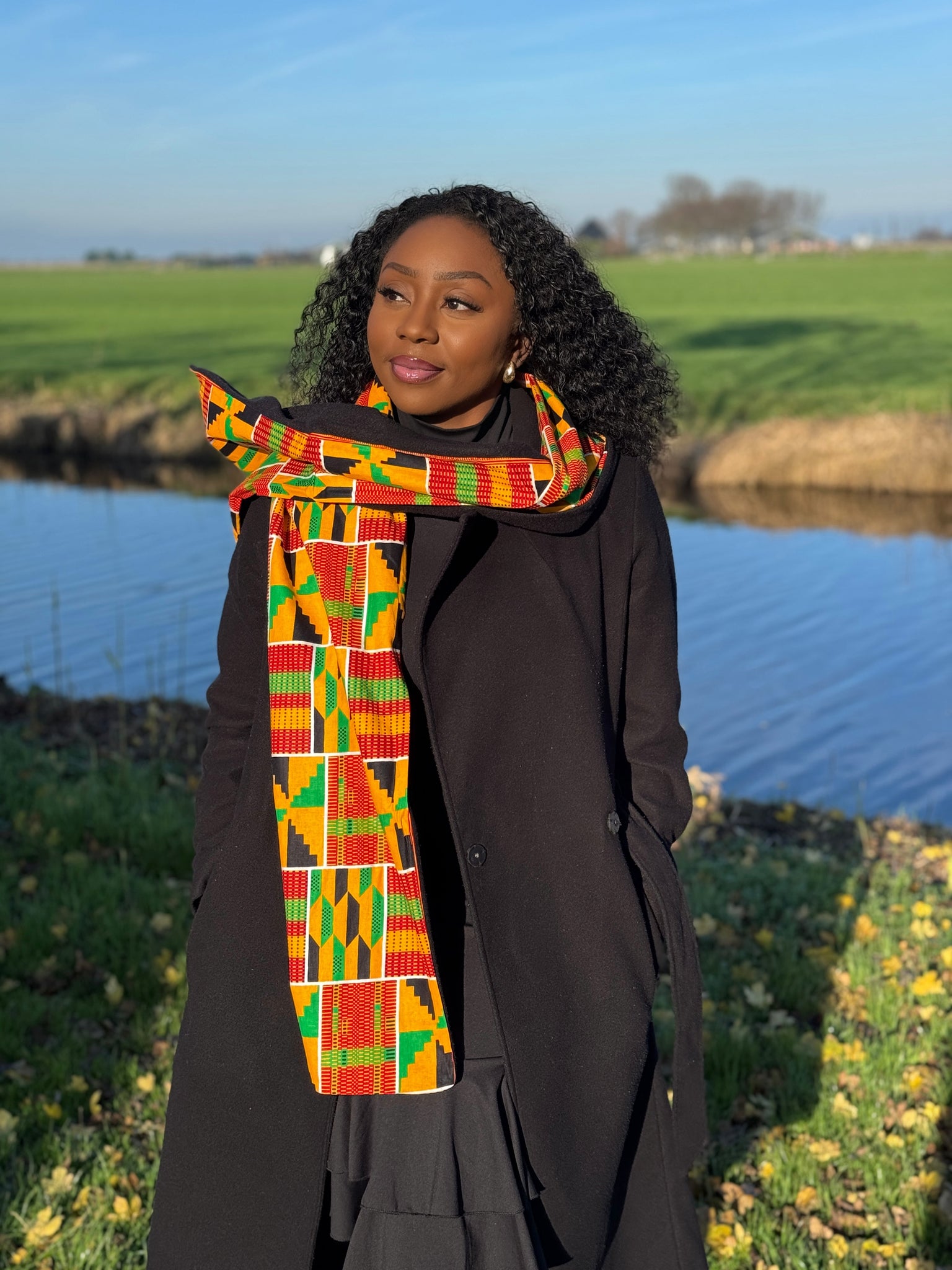 Afrikanischer Print Schal Unisex - Schmales Modell - Gelb Grün Kente