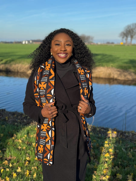 Afrikanischer Print Schal Unisex - Schmales Modell - Braun Cross Bogolan