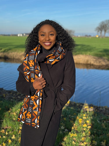 Afrikanischer Print Schal Unisex - Schmales Modell - Braun Cross Bogolan