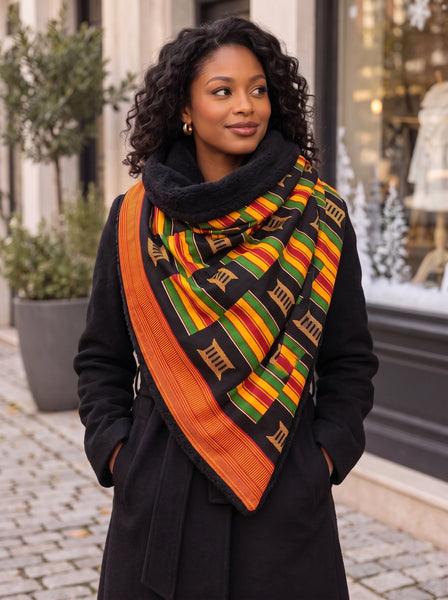 African print Winter scarf for Adults Unisex - Black Pan Africa Kente Print