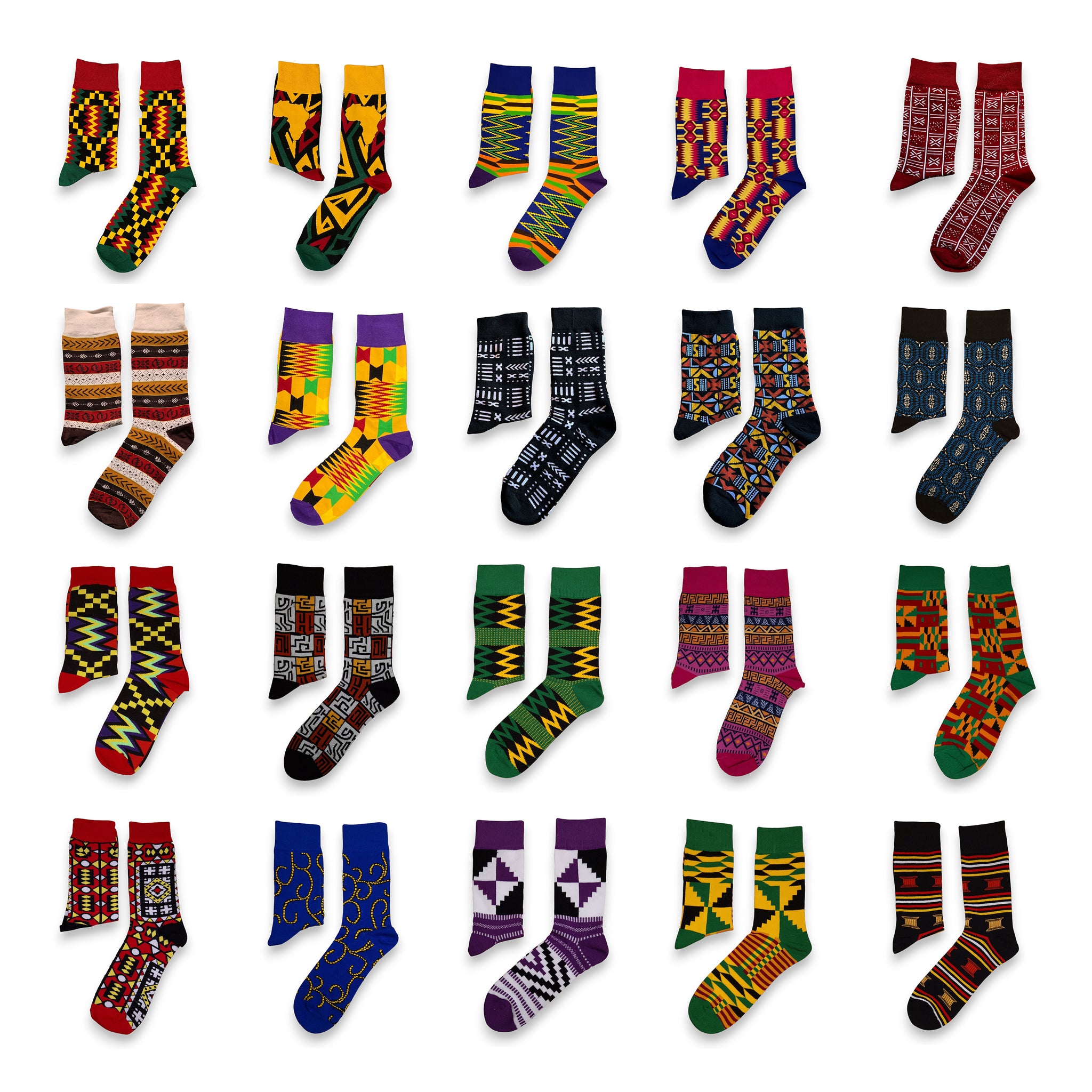 Mix aus 20 verschiedenen Paaren - Afrikanische Socken / Afro-Socken / Kente-Socken - Alle 20 Stile