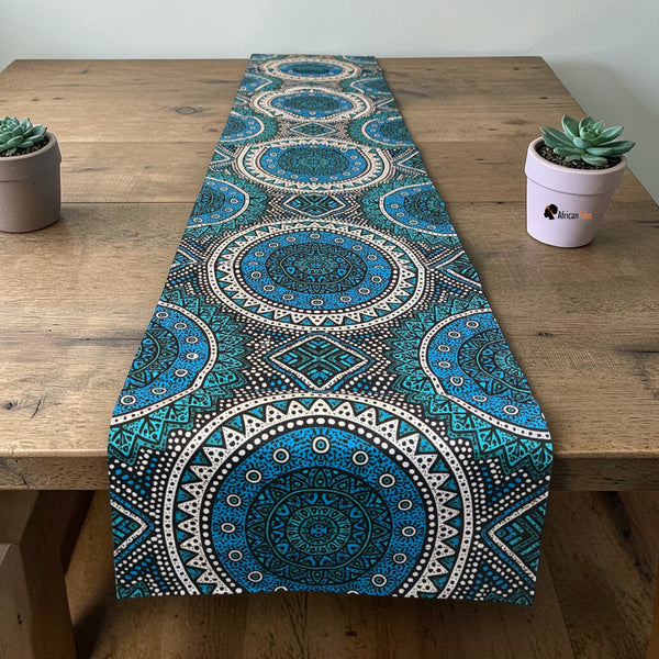 Afrikanischer Print Tischläufer - Tischdecke - Blau und Teal Sacred Circle