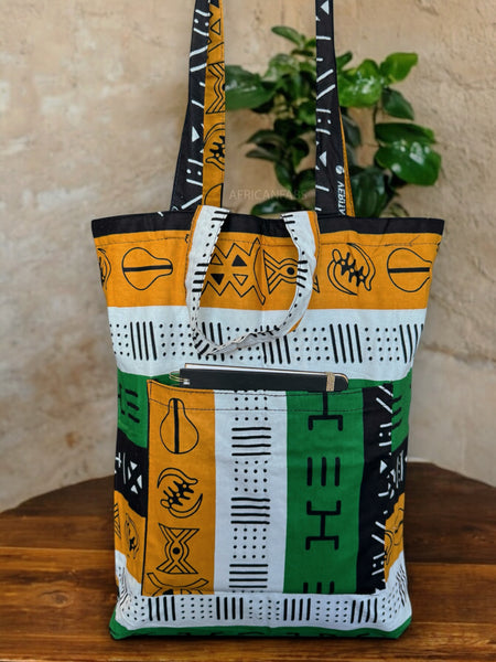 Shopper Tasche mit Afrikanischem Print - Grun Symbols bogolan - Wiederverwendbare Einkaufstasche aus Baumwolle