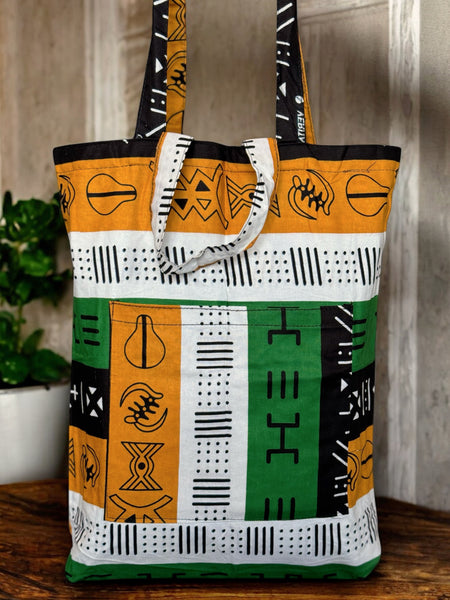 Shopper Tasche mit Afrikanischem Print - Grun Symbols bogolan - Wiederverwendbare Einkaufstasche aus Baumwolle