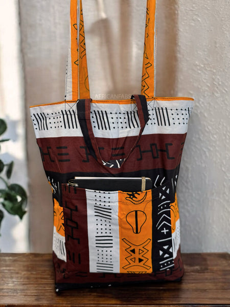 Shopper Tasche mit Afrikanischem Print - Dunkelbraun/Gelb Bogolan Symbols - Wiederverwendbare Einkaufstasche aus Baumwolle