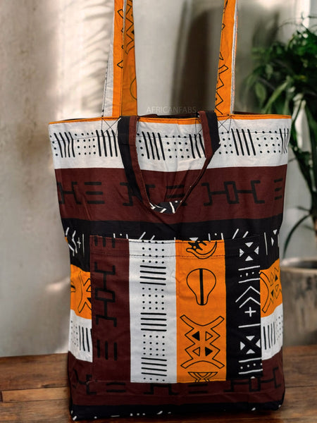 Shopper Tasche mit Afrikanischem Print - Dunkelbraun/Gelb Bogolan Symbols - Wiederverwendbare Einkaufstasche aus Baumwolle