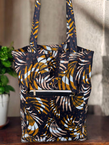 Shopper Tasche mit Afrikanischem Print - Mix Brown Federn - Wiederverwendbare Einkaufstasche aus Baumwolle