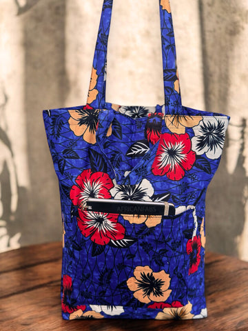 Shopper Tasche mit Afrikanischem Print - Blau Flowers - Wiederverwendbare Einkaufstasche aus Baumwolle