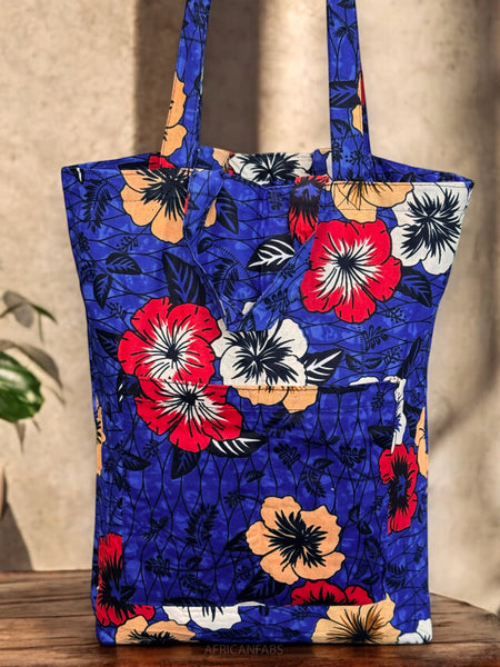 Shopper Tasche mit Afrikanischem Print - Blau Flowers - Wiederverwendbare Einkaufstasche aus Baumwolle