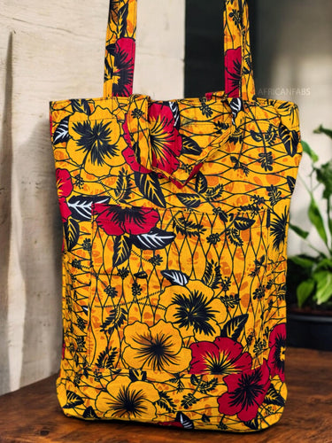 Shopper Tasche mit Afrikanischem Print - Gelb Flowers - Wiederverwendbare Einkaufstasche aus Baumwolle