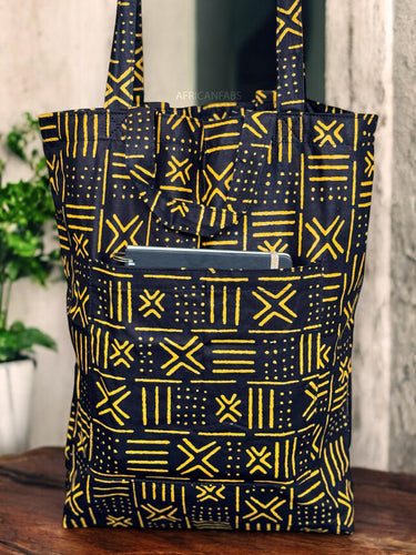 Shopper Tasche mit Afrikanischem Print - Schwarz Gelb X Bogolan - Wiederverwendbare Einkaufstasche aus Baumwolle