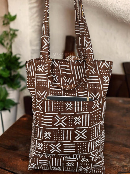 Shopper Tasche mit Afrikanischem Print - Braun X Bogolan - Wiederverwendbare Einkaufstasche aus Baumwolle