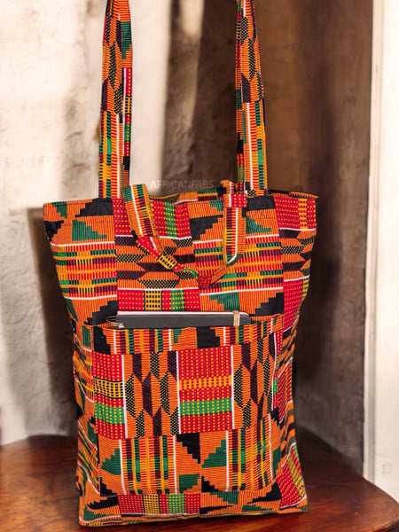 Shopper Tasche mit Afrikanischem Print - Orange Kente - Wiederverwendbare Einkaufstasche aus Baumwolle