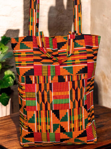 Shopper Tasche mit Afrikanischem Print - Orange Kente - Wiederverwendbare Einkaufstasche aus Baumwolle