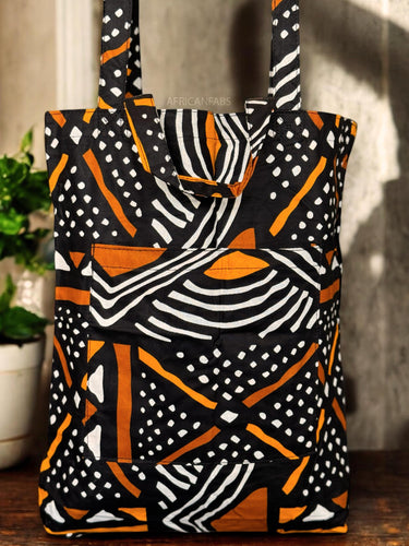 Shopper Tasche mit Afrikanischem Print - Schwarz Orange Bogolan - Wiederverwendbare Einkaufstasche aus Baumwolle