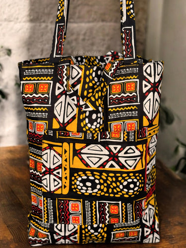 Shopper Tasche mit Afrikanischem Print - Gelb Bogolan - Wiederverwendbare Einkaufstasche aus Baumwolle