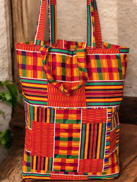 Shopper Tasche mit Afrikanischem Print - Orange Grun Kente - Wiederverwendbare Einkaufstasche aus Baumwolle