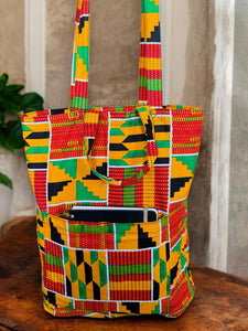 Shopper Tasche mit Afrikanischem Print - Gelb Grun Kente - Wiederverwendbare Einkaufstasche aus Baumwolle