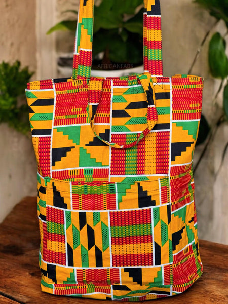 Shopper Tasche mit Afrikanischem Print - Gelb Grun Kente - Wiederverwendbare Einkaufstasche aus Baumwolle