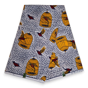 VLISCO Stoff Hollandais Afrikanischer Wax print - Weißer gelber Vogel in einem Käfig VL03610-041