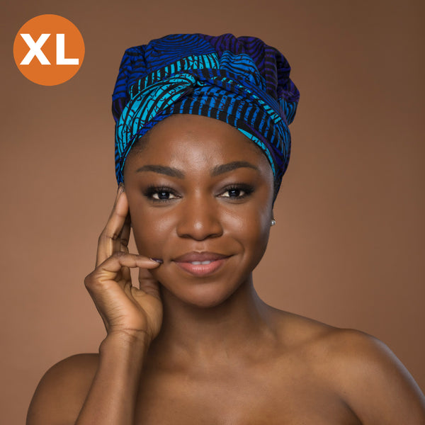 XL Easy headwrap - Satin lined hair bonnet - Blue Turquoise Concentric Circle Design