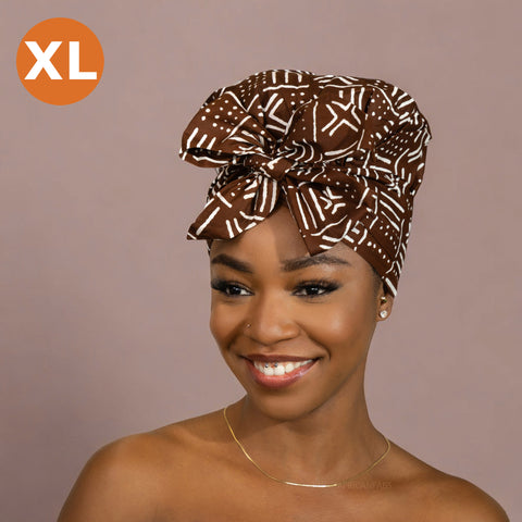 XL Easy headwrap / einfaches Kopftuch - Satinfutter - Braun x Bogolan