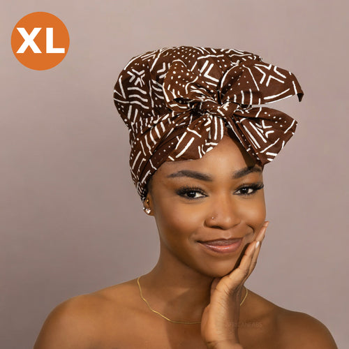 XL Easy headwrap / einfaches Kopftuch - Satinfutter - Braun x Bogolan