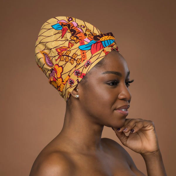 XL Easy headwrap / einfaches Kopftuch - Satinfutter - Beige Orange Botanical Flow