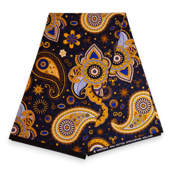 Bucket hat / Fischerhut mit afrikanischem Print - Marineblau Gelb Paisley - Kinder & Erwachsene Größen (Unisex)