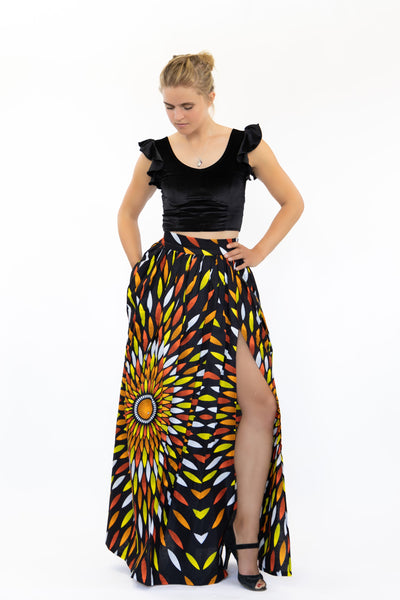 Maxirock mit afrikanischem Print - Schwarz / Gelb sunburst