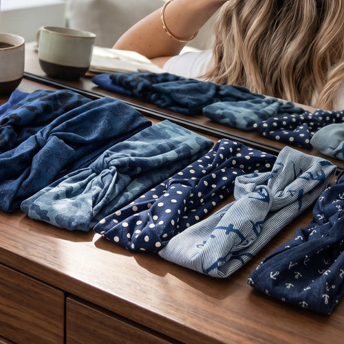 Haarband mit biegsamem Metalldraht - Blau Paisley Jeanslook