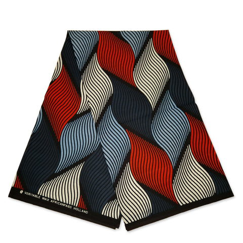 Afrikanischer Print Stoff - Blau Rot Swirl - 100% Baumwolle