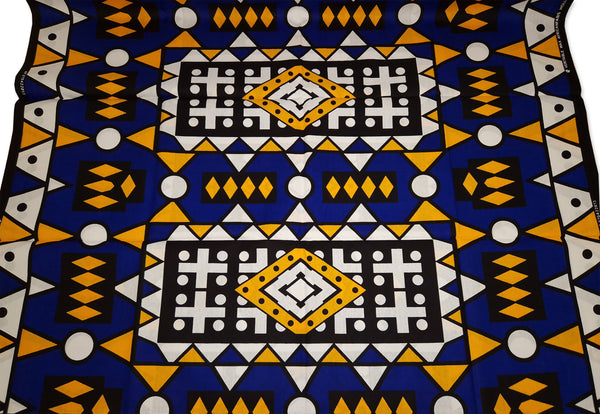 Afrikanischer Print Stoff - Blau Gelb Samakaka / Samacaca (Angola) - 100% Baumwolle