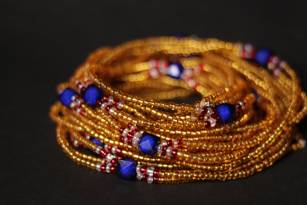 3 in 1 Waist Beads / Afrikanische Taillenkette - IYORE- Blau / Gold (elastisch)