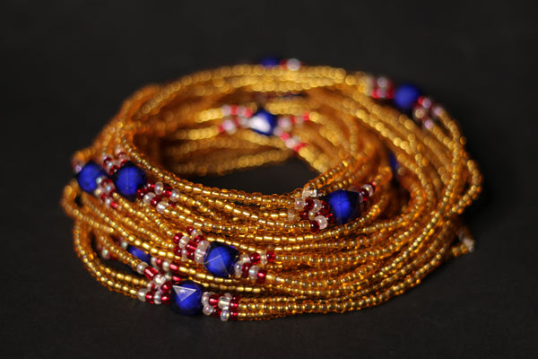 3 in 1 Waist Beads / Afrikanische Taillenkette - IYORE- Blau / Gold (elastisch)