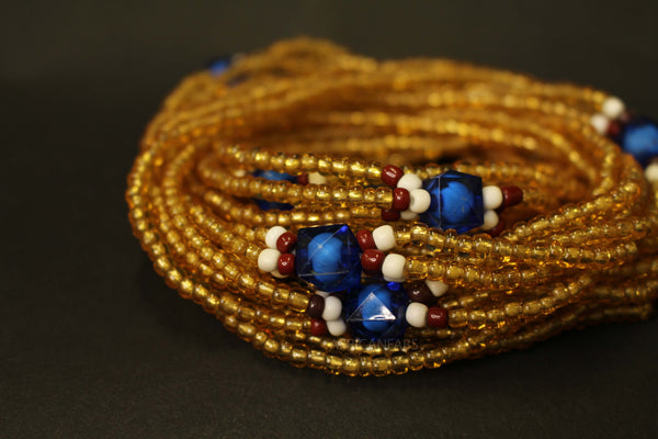 3 in 1 Waist Beads / Afrikanische Taillenkette - EPA - Blau / gold (elastisch)