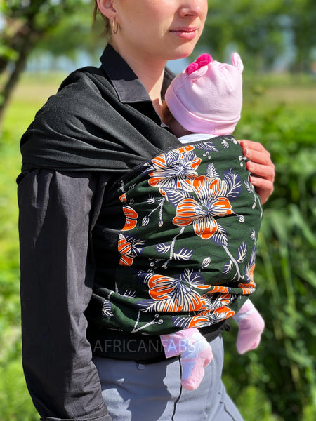 Babytragetuch mit afrikanischem Print / Baby sling / Tragetuch - Dunkelgrün Orange Blumen - mit Gold verschönert