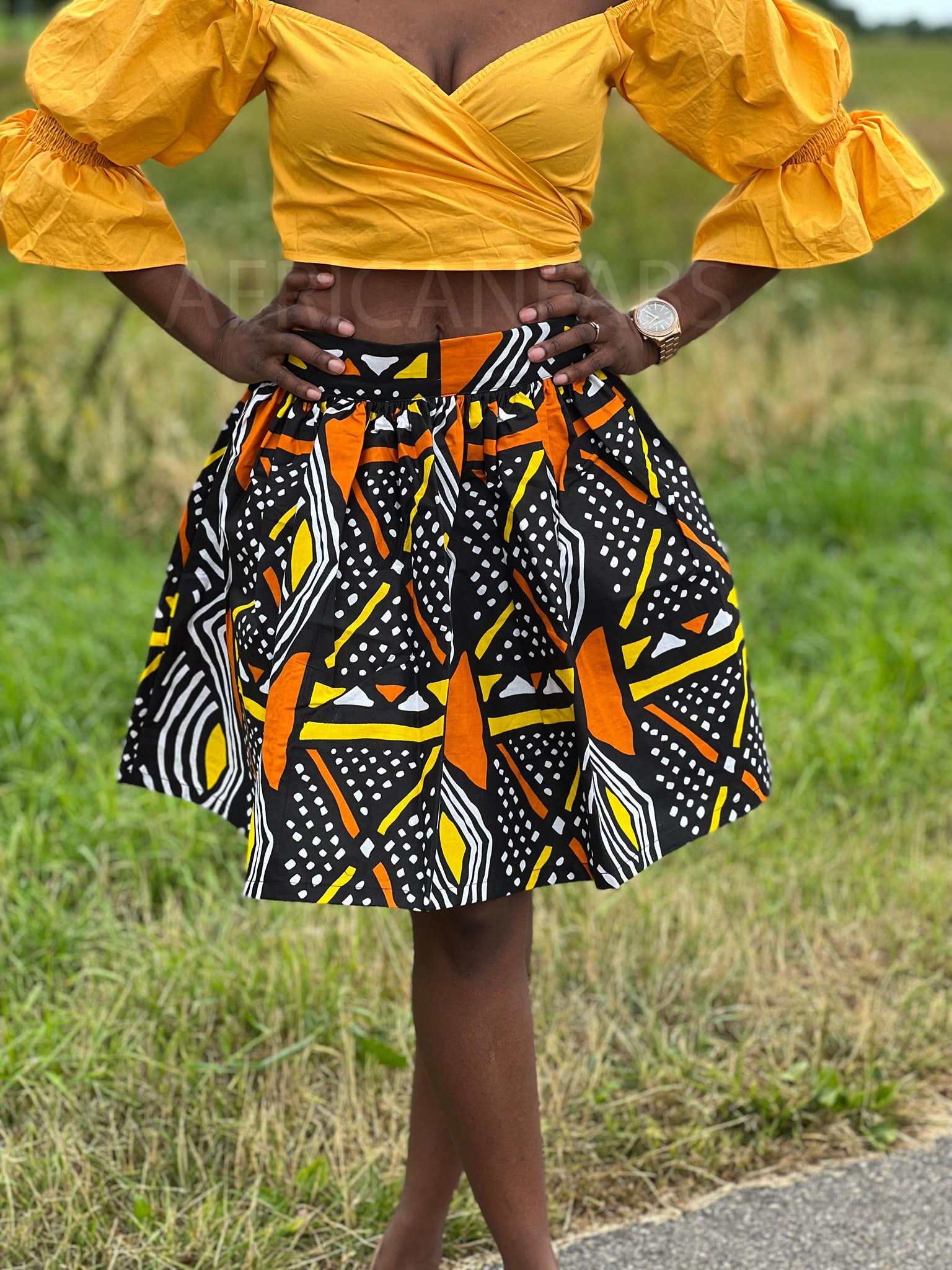 Afrikanischer Print Minirock - Orange Bogolan