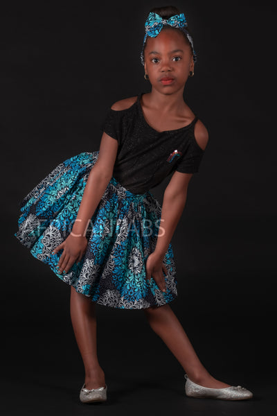 Afrikanischer Print Kinderrock + Stirnband mit Schleife Set Blau ( 1 - 10 Jahre alt )