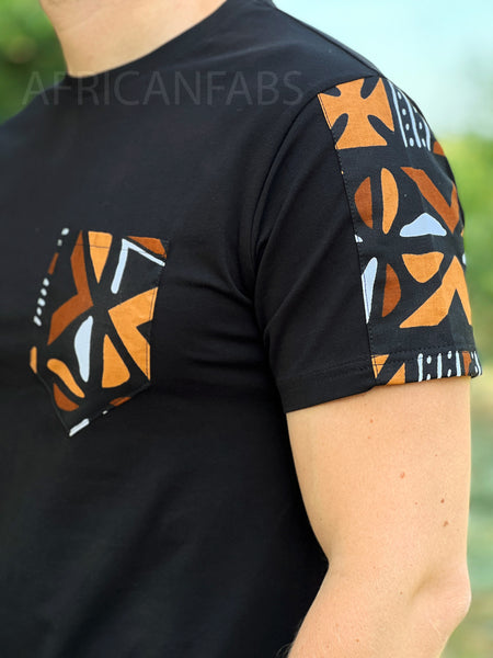 T-Shirt mit afrikanischem Druck - braune Bogolan-Ärmel und Brusttasche