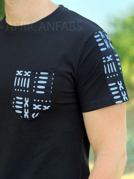 T-Shirt mit afrikanischem Druck - schwarz Bogolan-Ärmel und Brusttasche