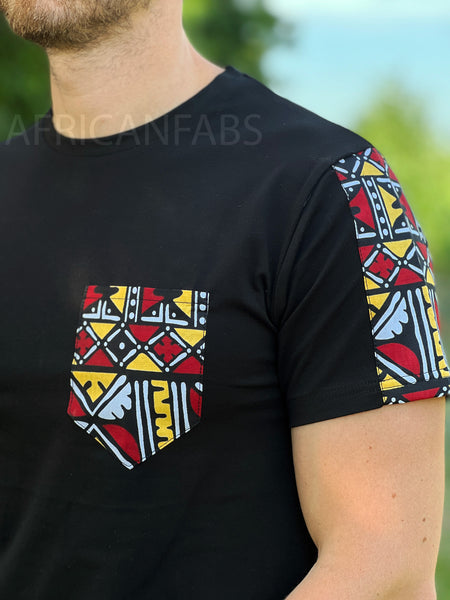 T-Shirt mit afrikanischem Druck - kastanien-rot Bogolan-Ärmel und Brusttasche