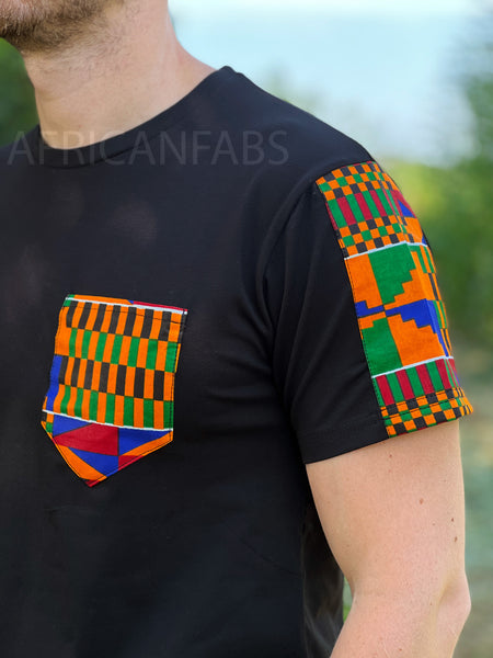 T-Shirt mit afrikanischem Druck - kente Bogolan-Ärmel und Brusttasche