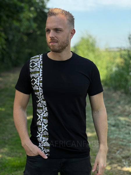 T-Shirt mit afrikanischem Druck - Weiss/grüner Bogolan-Reifen
