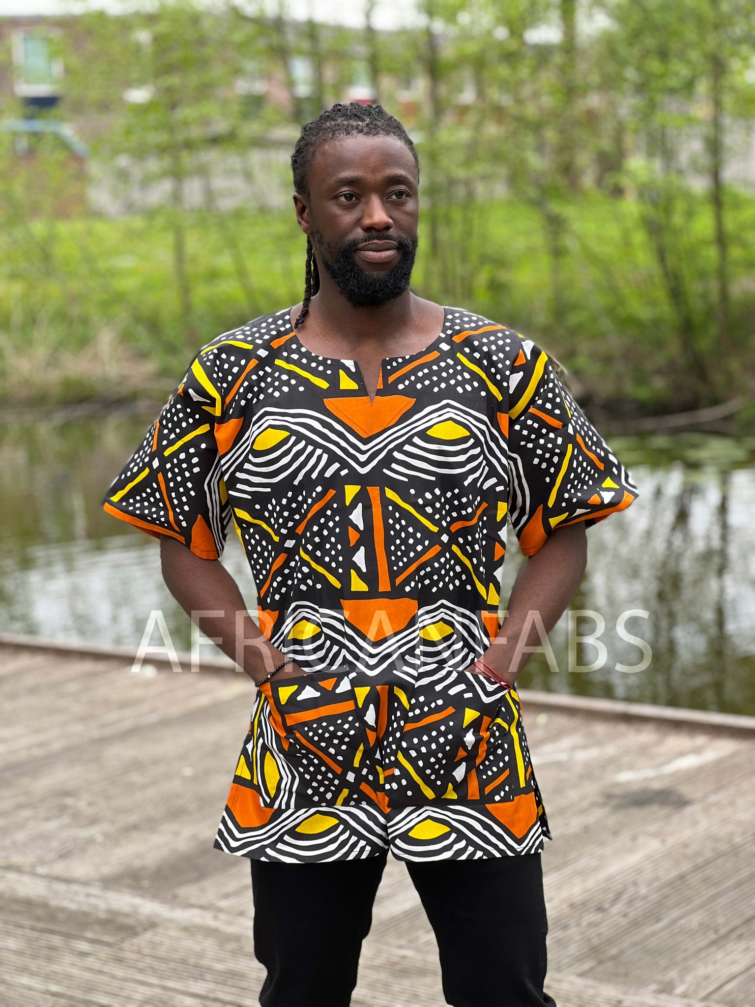 Dashiki Shirt / Dashiki Kleid - Bogolan Schwarz / gelb / orange - Afrikanisches Top - Unisex